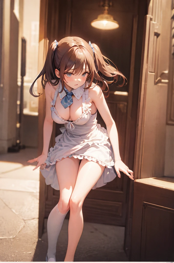 10th Generation,A beautiful woman,Beautiful breasts,Moe,Brown Hair,Blue and white striped front tie bikini top,Blue and white striped panties,Black frilly apron dress mini skirt,Headdress,Maid,Pulling on panties, Take off
