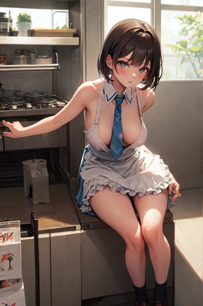 10th Generation,A beautiful woman,Beautiful breasts,Moe,Brown Hair,Blue and white striped front tie bikini top,Blue and white striped panties,Black frilly apron dress mini skirt,Headdress,Maid,Pulling on panties, Take off