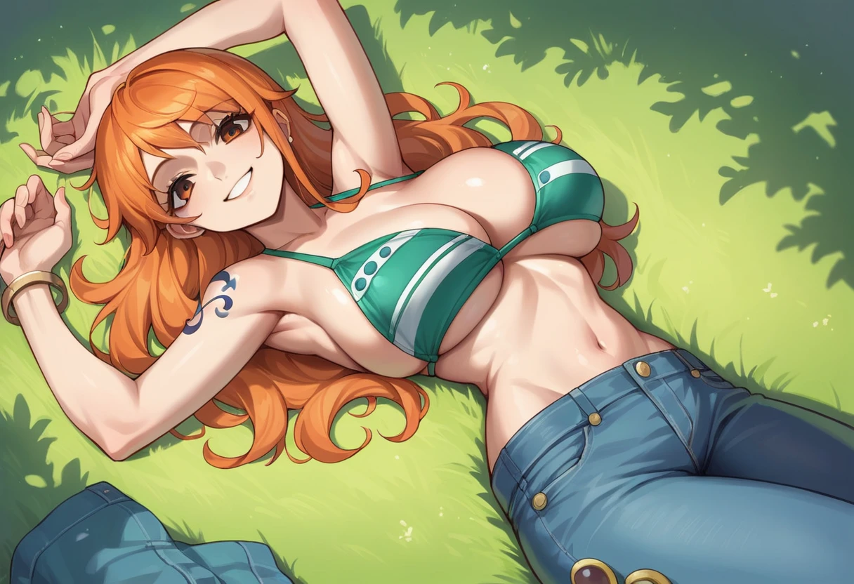 score_9, score_8_up, source_7_up, source_anime, clear face, Nami, orange hair, orange eyes, long hair, light blue bikini, jeans, lying, big breasts, from above, looking at viewer, smile, lying on grass, detail background, arms up