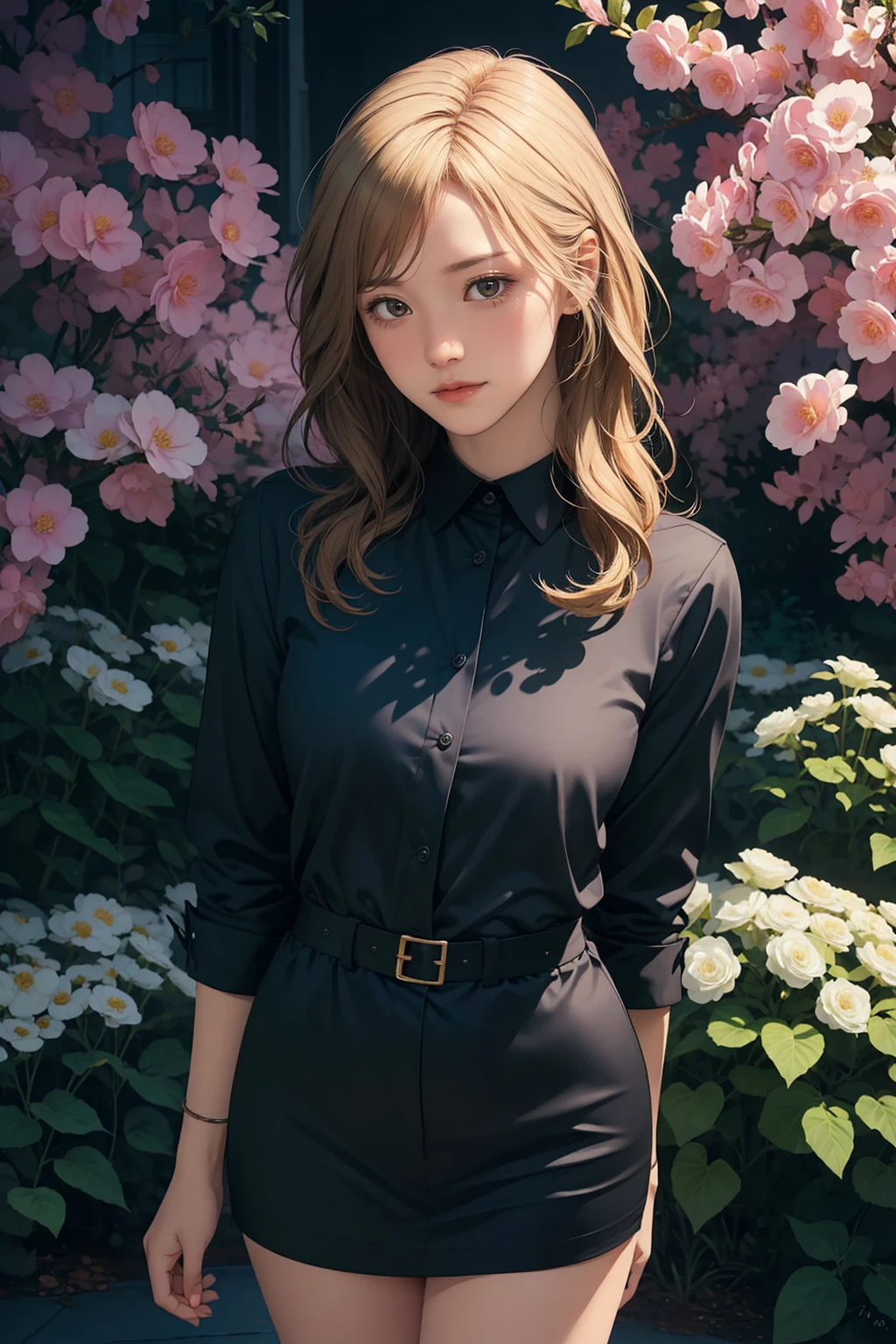 1girl, long blonde hair, beautiful detailed eyes, blue eyes, beautiful detailed lips, smile, wearing pink long sleeve shirt, black skirt, black heels, standing, flower garden, (best quality,8k,highres,masterpiece:1.2),ultra-detailed,(realistic,photorealistic,photo-realistic:1.37),HDR,vivid colors,natural lighting,cinematic mood,fantasy,soft lighting