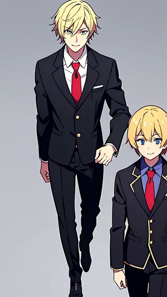 1boy,18s,short hair,blonde hair,smile.(no background, simple background),red necktie,black jacket, blazer,long sleeves,pants,upper body,walking,spiralwash eyes