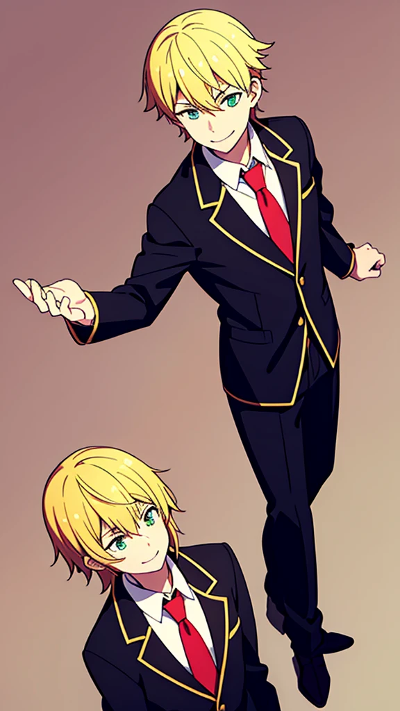 1boy,18s,short hair,blonde hair,smile.(no background, simple background),red necktie,black jacket, blazer,long sleeves,pants,upper body,walking,spiralwash eyes