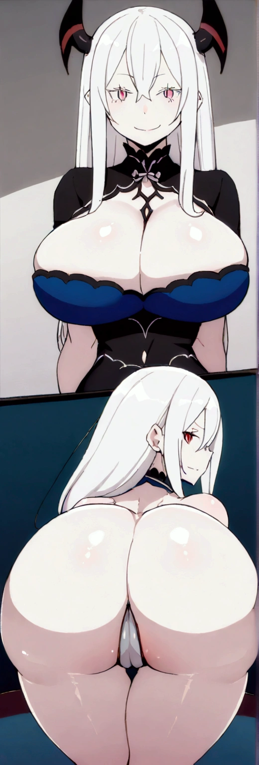 girl, (huge breasts size 130 cm), (narrow waist), Powerful woman, echidna re:zero, by white, big butt 160cm, beautiful face, fine features, Red eyes, SMILE, devil, evil, psychopath, horns, back view, butt in sight, amazing butt, sinister aura, darkened face, SMILE maliciosa, dark aura, rear focus, giant butt, ass bigger than her legs, fat ass, fat giant hips, too giant ass, focus on the ass, Masterpiece, details