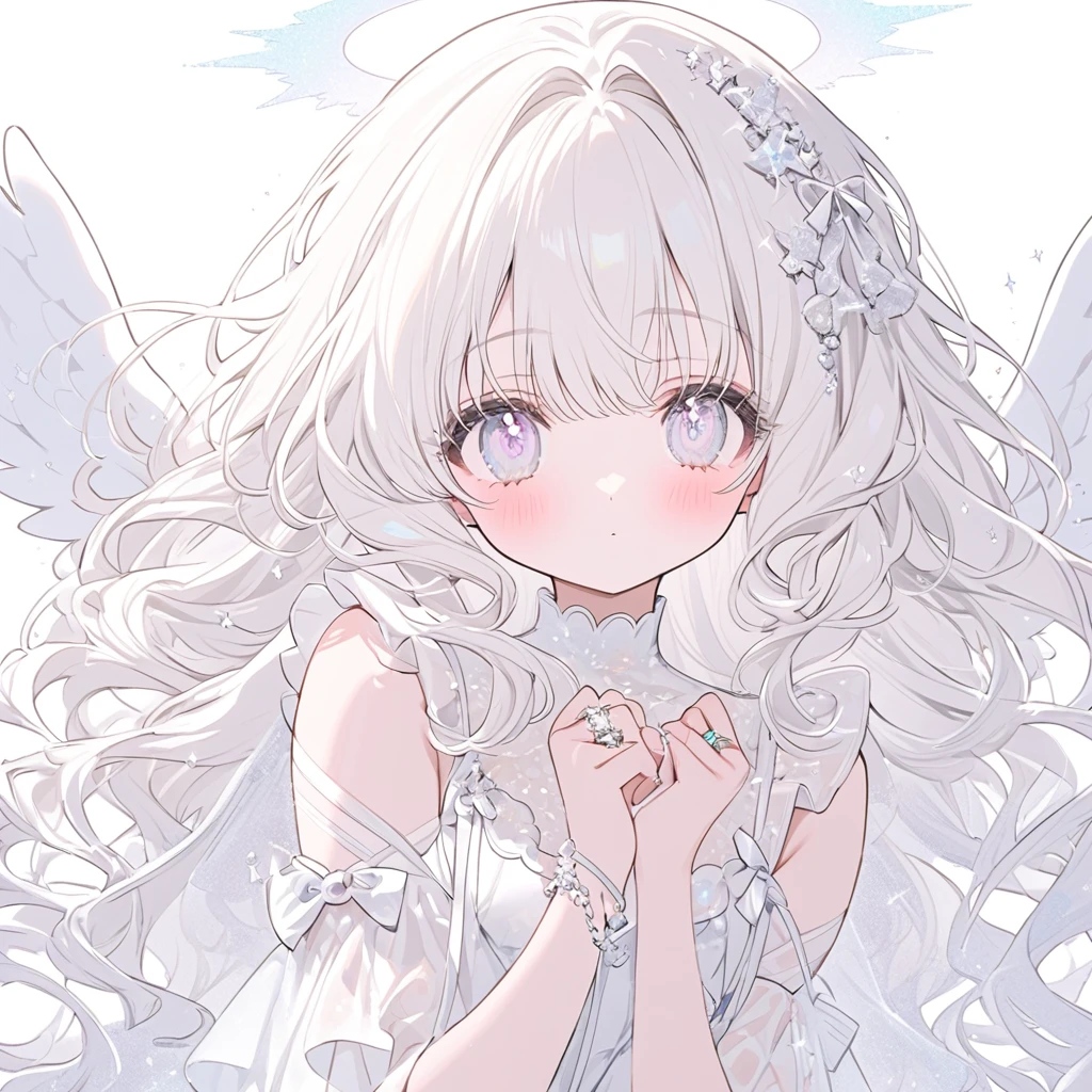 White Angel, White ribbon, pastel White angel ring, white one-piece,white and angel wings, cute white background ,White long Curl hair,glitter White eyes