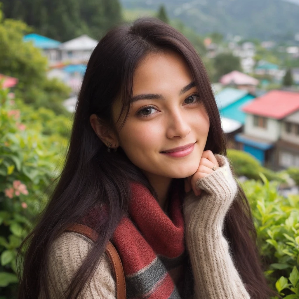 Beautiful brunette girl, bangs, green eyes, beautiful big smile, smiling, head and shoulders, pink polo sweater, really happy