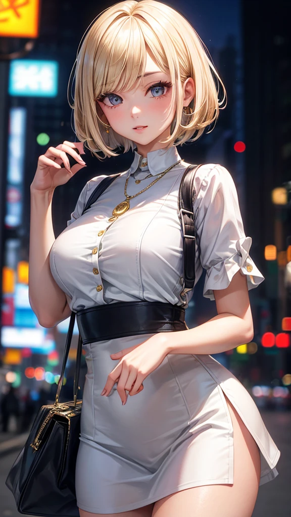 Curled bob cut, platinum hair woman in orange collared shirt posing to take photo in city, 8K artgerm Bokeh, well-proportioned body, beautiful korean woman, gorgeous necklace, beautiful young korean woman, soft portrait shot 8 K, korean girl, double and narrow eyes, beautiful gray eyes, Los Tran 8 K, Cute young woman, Korean woman, beautiful blonde girl