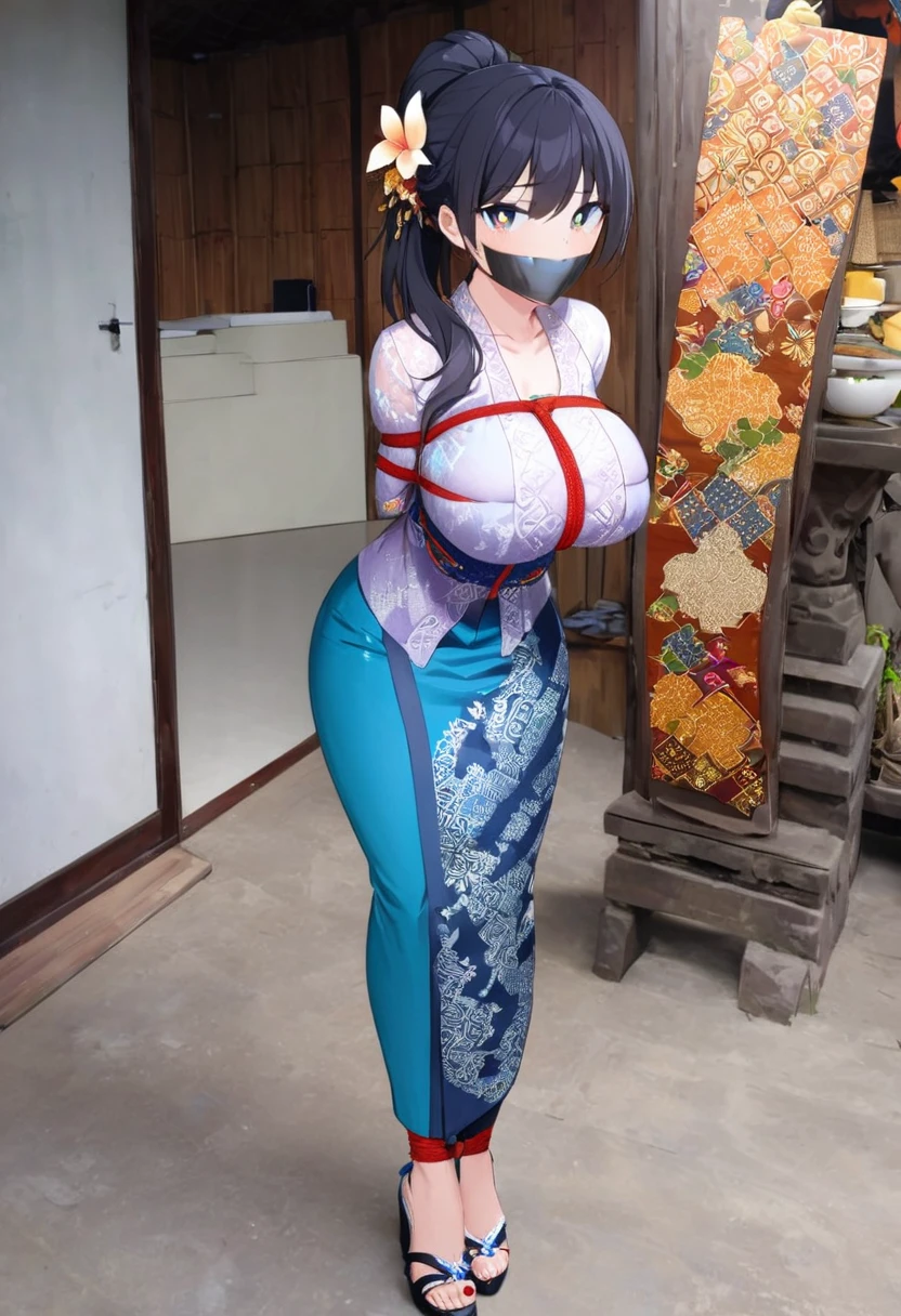 score_9, score_8_up, source_anime, 1girl, solo,The photo features a woman standing in traditional decorations. She is wearing traditional attire consisting of a light blue kebaya with lace trim and a long blue skirt with batik or songket patterns. The woman is also wearing white high-heeled sandals, and there is a frangipani flower tucked behind her left ear. The surrounding environment has ornate decorations, likely from Bali or Java. , (bound wirsts), (arms behind back), (tapegag, tape gag), dramatic,  (looking at viewer), (detailed pupils:1.3),pencil skirt ,red rope, thick rope,big breast,ponytail hair, black hair