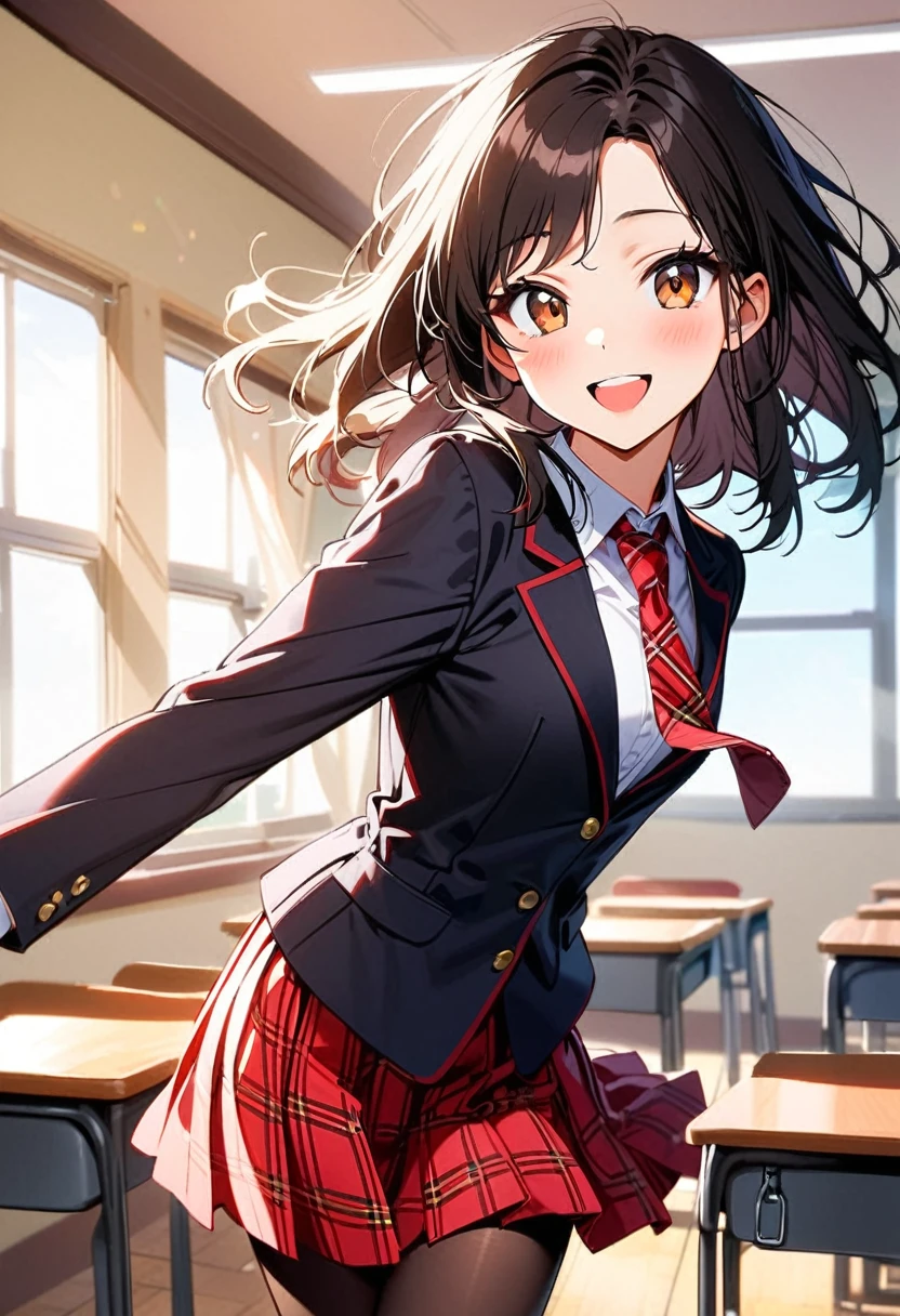 A young woman, 16-years-old, solo, Korean, loose wavy black hair, no bangs, brown eyes, black blazer, white blouse, red plaid necktie, red pleated skirt, black pantyhose, playful smile, cheerful, classroom