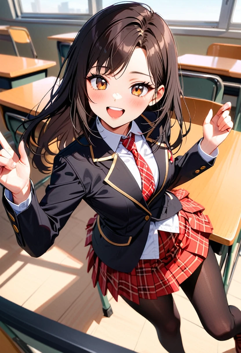 A young woman, 16-years-old, solo, Korean, loose wavy black hair, no bangs, brown eyes, black blazer, white blouse, red plaid necktie, red pleated skirt, black pantyhose, playful smile, cheerful, classroom