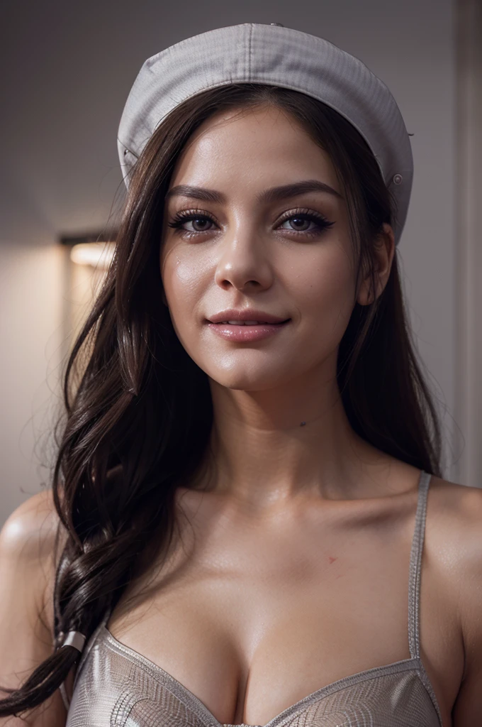 a smiling nurse, beautiful detailed eyes, beautiful detailed lips, extremely detailed eyes and face, longeyelashes, sexy nurse outfit, nurse hat, provocative pose, erotic, sensual, high quality, 8k, photorealistic, detailed, vivid colors, cinematic lighting, dark and moody atmosphere