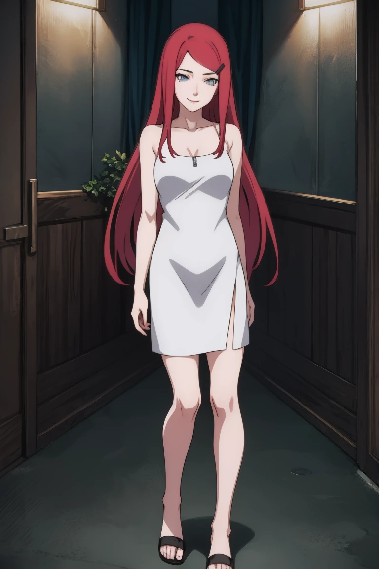 kushina, long hair, hair ornament, red hair, red head, hairclip, (grey eyes:1.5), full body, cowboy shot, BREAK indoors, BREAK (masterpiece:1.2), best quality, high resolution, unity 8k wallpaper,  perfect lighting, extremely detailed CG, (perfect hands, perfect anatomy), closing eyes in her smile, ((naked))