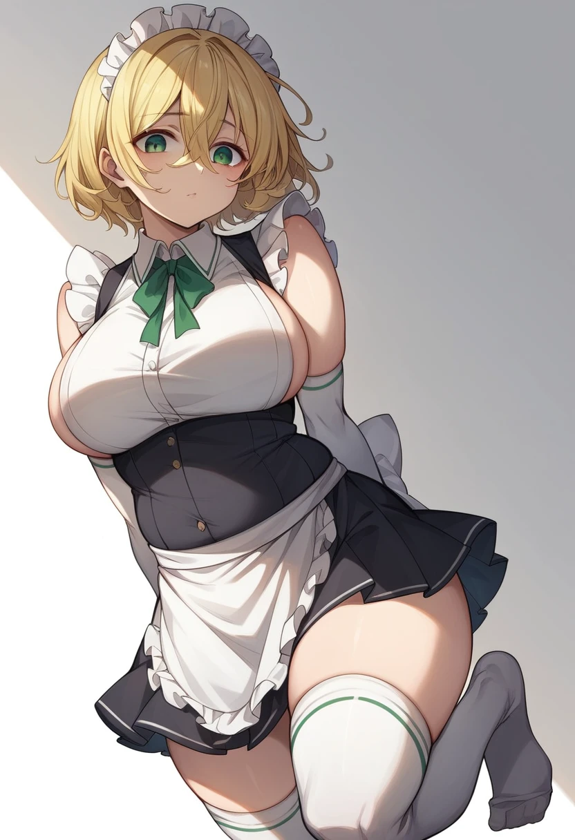 (One girl)、(bob cut)、((Blonde))、（Sato Air）、slan eyes、((boyish))、(Big super breasts)、[Chubby]、(beautiful girl)、Maid clothes、No sleeve、mini skirt、White sleeveless、((hairs between eyes))、((thigh-high socks thighhighs))、(long gloves)、green eye、say、arm behind back、flipped hair、White Background、