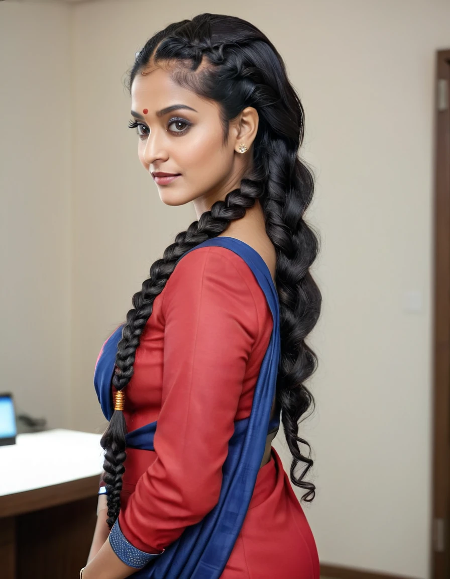 (Masterpiece),(Fullbody),(8K),(Shot taken from the front side)In modern super luxery CEO room woth luxeries items,room is bright shining due to super bright lights,A indian 45 years old,straight black color hair,rapunzel CEO lady standing infront of the table wearing blue and white mixed saree,her full body top to bottom can be see with her hair. Her one of the shoulder is widely exposed to the camara since she droped out from the saree and the jacket .She styled her rapunzel hair in reverse french braid which consist with 3 braids continuesly through out her hair.She styled her hair into braids with extreme hair oil usage about 500 gallons of hair oil, that makes super bright shining hair,due to oil slick combed hair, her hair lines and her scalp between braids even can highly visible. Her 35 years old brazilian secretary wears red color coat suit standing face to face very closer to her like their noses are touching.They are having eye contact with widely open eyes.Brazilian lady having 3c curly black color hair till her tailbone.She also made her hair with extreme hair oil usage in 600 gallons of hair oil and her curls are seperately can be identified due to that much of oil.her scalp also highly visible in between the curls.also her one of the shoulder exposed to the camara with dropped her coat and shirt.Their hairs are brightly shining due to the extreme bright light in CEO room.nude