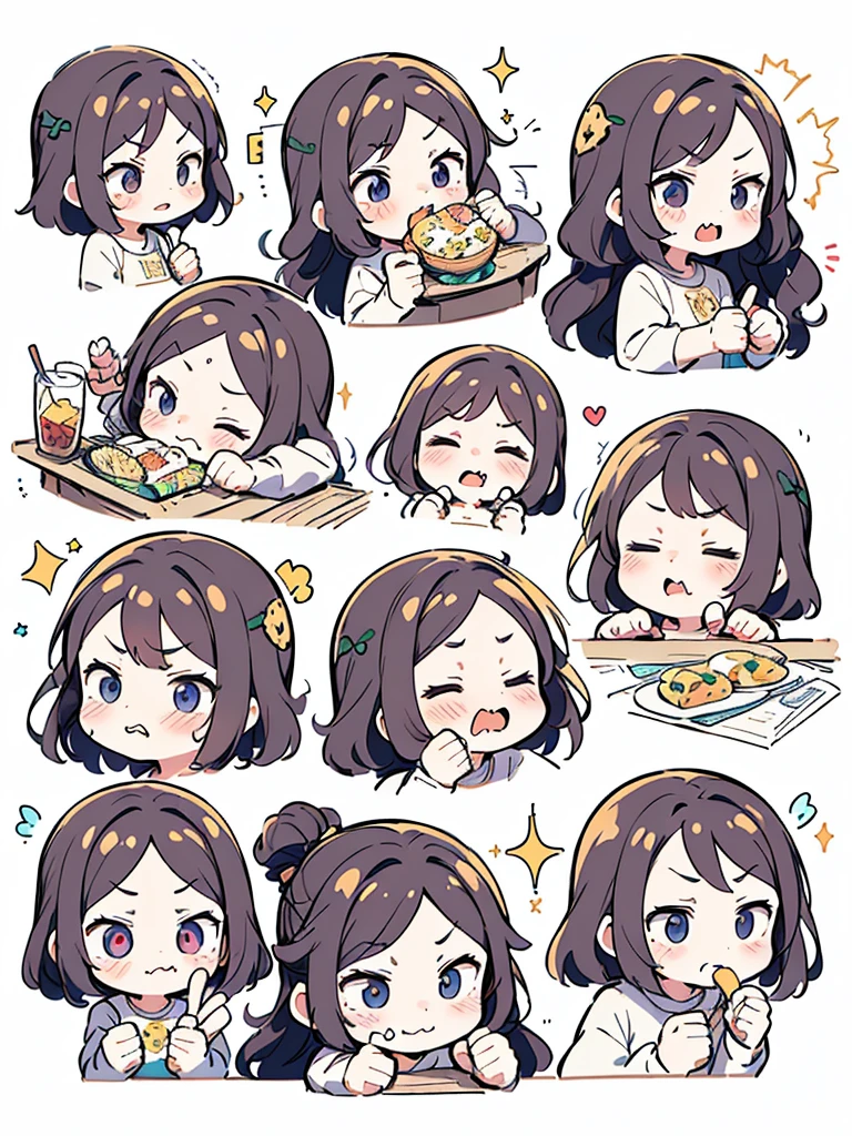 chibi, 1girl, (9 emojis, emoji sheet, Align arrangement)，(9 poses and expressions), (((angry, drooling, eating, embarassed, laughing, panicking, pout, shaded face, smug, shocked, empty eyes, sleeping, surprised sparkle, thinking, thumbs up))), Emoticon Art Design，(Delicate brushstrokes:1.5)，(Complete character illustrations)，(Detailed avatar table, Front diagram:1.5), (White background:1.5), Emoticon packages, (arranged neatly:1.2, spaced separately:1.2, not overlapping:1.2)，Well-defined shadows，Ultra-saturated colors，Motion capture, ((Nine Palace Grid Layout)), Ultra HD，8K，chibi emote