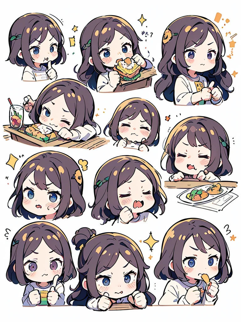 chibi, 1girl, (9 emojis, emoji sheet, Align arrangement)，(9 poses and expressions), (((angry, drooling, eating, embarassed, laughing, panicking, pout, shaded face, smug, shocked, empty eyes, sleeping, surprised sparkle, thinking, thumbs up))), Emoticon Art Design，(Delicate brushstrokes:1.5)，(Complete character illustrations)，(Detailed avatar table, Front diagram:1.5), (White background:1.5), Emoticon packages, (arranged neatly:1.2, spaced separately:1.2, not overlapping:1.2)，Well-defined shadows，Ultra-saturated colors，Motion capture, ((Nine Palace Grid Layout)), Ultra HD，8K，chibi emote