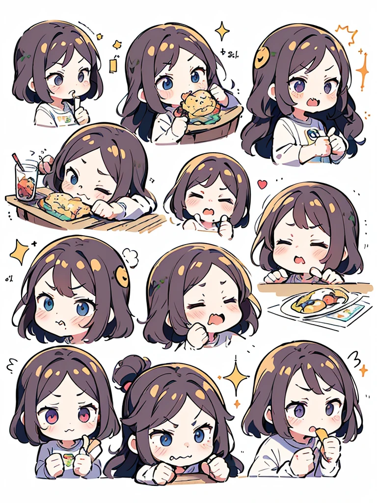 chibi, 1girl, (9 emojis, emoji sheet, Align arrangement)，(9 poses and expressions), (((angry, drooling, eating, embarassed, laughing, panicking, pout, shaded face, smug, shocked, empty eyes, sleeping, surprised sparkle, thinking, thumbs up))), Emoticon Art Design，(Delicate brushstrokes:1.5)，(Complete character illustrations)，(Detailed avatar table, Front diagram:1.5), (White background:1.5), Emoticon packages, (arranged neatly:1.2, spaced separately:1.2, not overlapping:1.2)，Well-defined shadows，Ultra-saturated colors，Motion capture, ((Nine Palace Grid Layout)), Ultra HD，8K，chibi emote