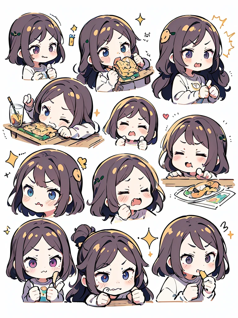 chibi, 1girl, (9 emojis, emoji sheet, Align arrangement)，(9 poses and expressions), (((angry, drooling, eating, embarassed, laughing, panicking, pout, shaded face, smug, shocked, empty eyes, sleeping, surprised sparkle, thinking, thumbs up))), Emoticon Art Design，(Delicate brushstrokes:1.5)，(Complete character illustrations)，(Detailed avatar table, Front diagram:1.5), (White background:1.5), Emoticon packages, (arranged neatly:1.2, spaced separately:1.2, not overlapping:1.2)，Well-defined shadows，Ultra-saturated colors，Motion capture, ((Nine Palace Grid Layout)), Ultra HD，8K，chibi emote