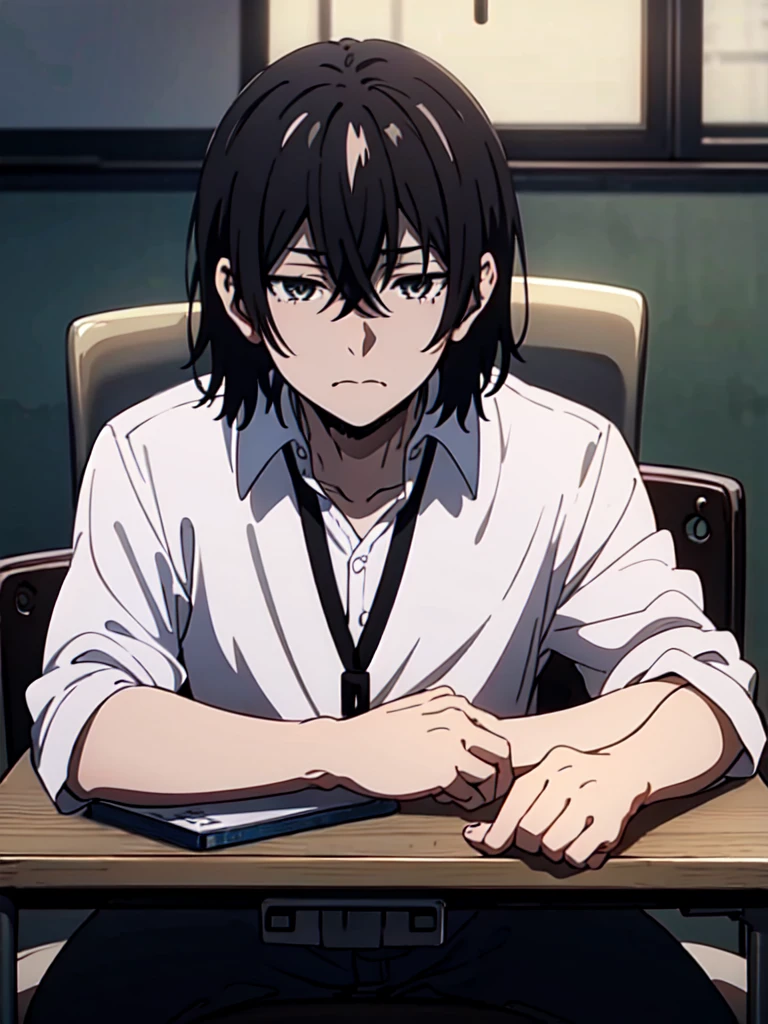 ((best quality)), ((masterpiece)), (detailed), boy, high , uniform, bored look, blank look, disinterested look, resting on desk, school chair, empty classroom, black hair, black eyes, sketch, alone, short hair. half body, face, gloomy, dark eyes, manga, light novel, illustration, solo.