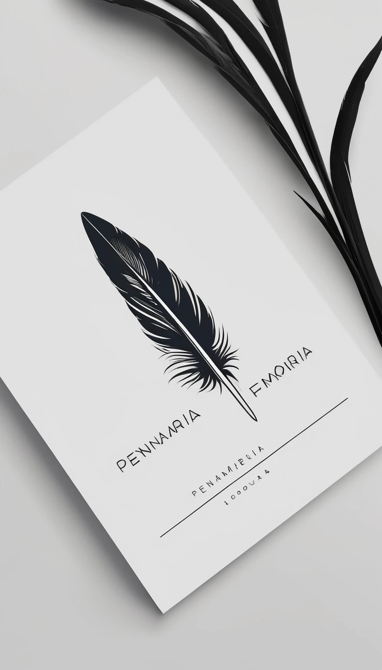 A minimal, modern, simple, cinematic logo design for the brand “Penamemoria". Create a modern, minimalistic, high-quality, logo of a feather-bird