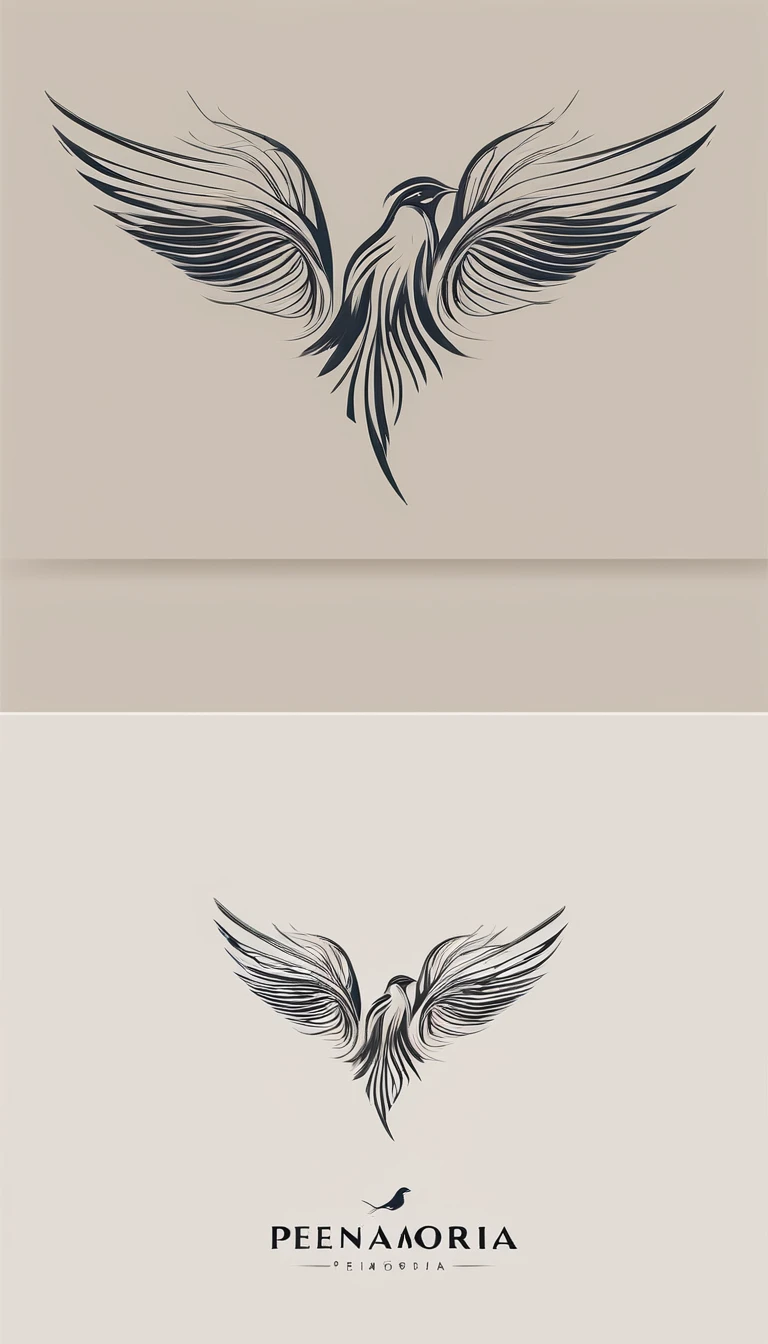A minimal, modern, simple, cinematic logo design for the brand “Penamemoria". Create a modern, minimalistic, high-quality, logo of a feather-bird