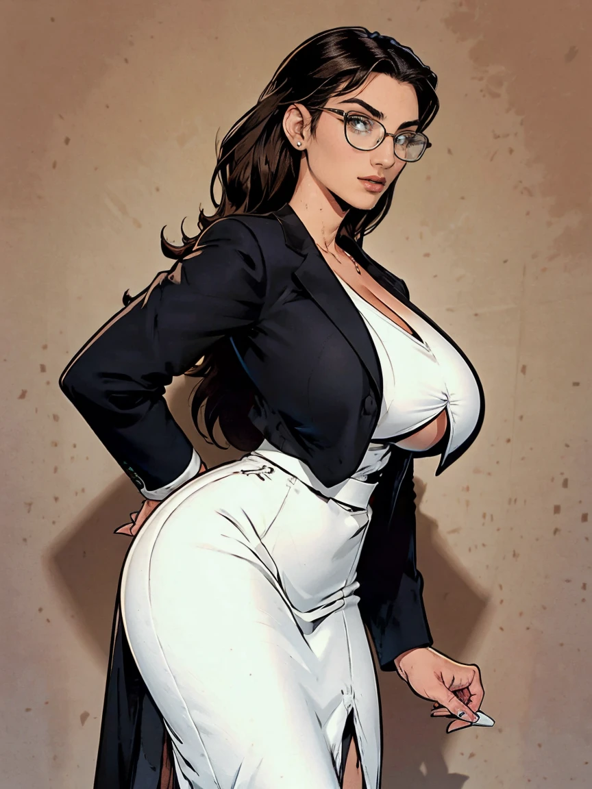 Gorgeous and sultry busty athletic (thin) brunette with sharp facial features and a (large nose) and (huge boobs) wearing a black blazer, white blouse and black pencil skirt, glasses