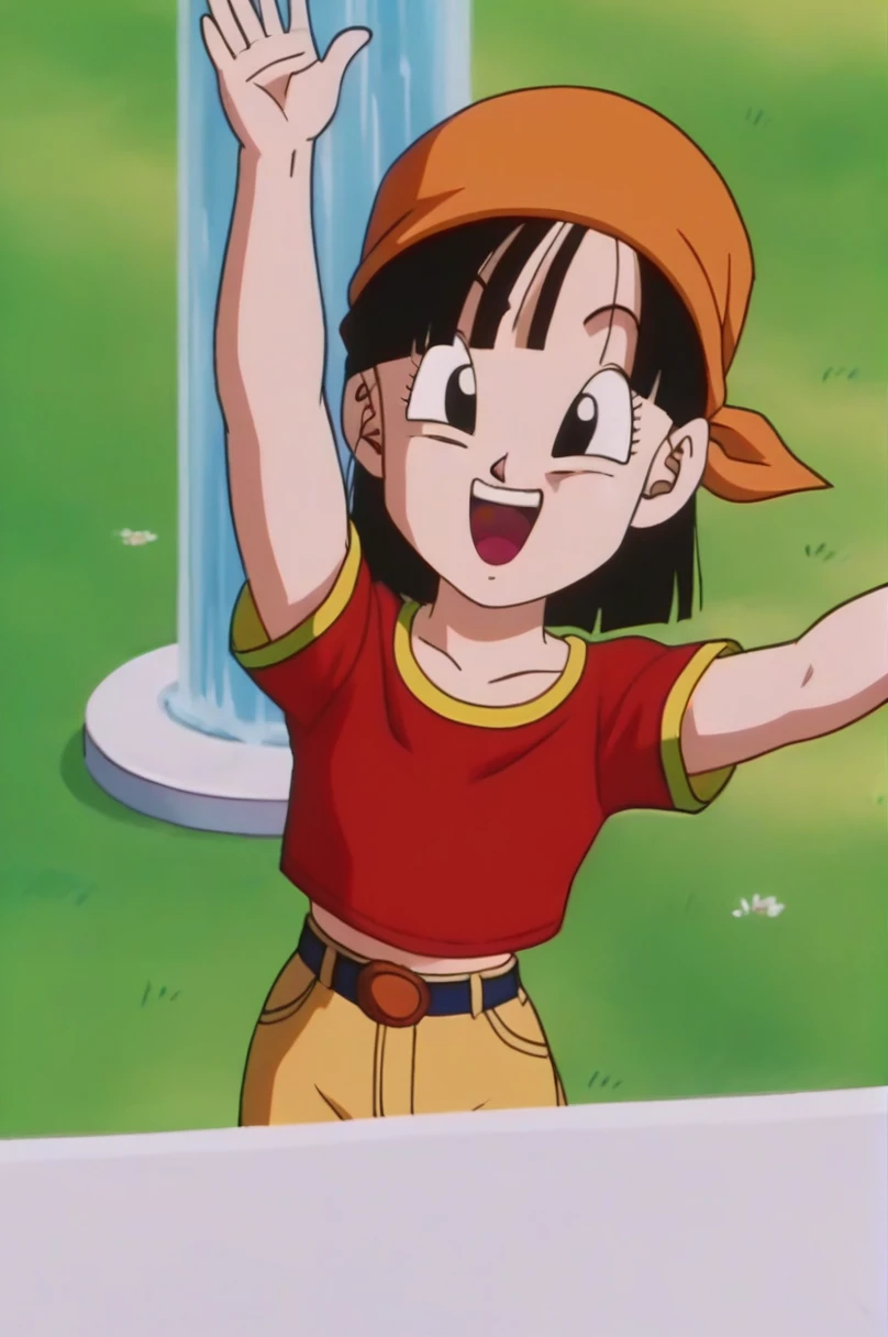 fountain_cheered up, score_9, score_8_above, score_7_above, cheered up screencap,8k, absurd res,
Pan \(dragon ball\), 1 girl, Alone, SMILE, Open mouth, hits, happy, Grass, black fur, field, clavicle, aboveper body, :d, dientes, blunt hits, outdoors, black eyes, arm above, eyelashes, aboveper dientes only, happy, gold trim, in front of the viewer, close-above, bandana, retro artStyle, , 1990s \(Style\), orange bandana, language, raised eyebrows, arms above, short hair, naked, sexy body, ass medium
