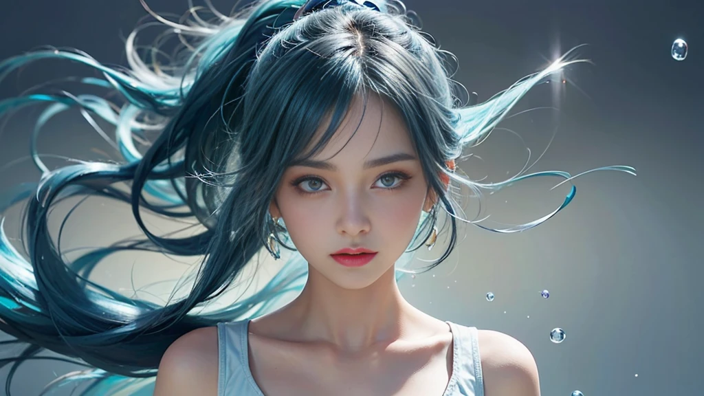 (masterpiece), (Highest quality), (Very detailed), (Disheveled Hair), (shape), (One Girl), (Fashionable clothes), Are standing, Fashion Model, Beholder, (interview), (Simple Background), Beautiful and beautiful eyes, Delicate and beautiful face, floating, (High chroma), (Colorful Splash), Colorful bubbles, (Shine), Focus on the face, ponytail, Light blue hair, bangs, Hair Ring, floating Flowers, floating Hairs, (The Shining), Best lighting, Best Shadow, Big, firm, swaying breasts