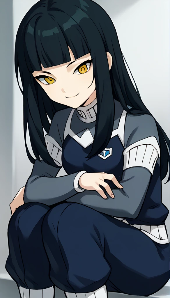 score_9, score_8_up, score_7_up, score_6_up, score_5_up, score_4_up, source_アニメ, 1girl, dhanna, black hair, long hair, yellow eyes, brown pupils, sitting, smile, looking at viewer, socks over thighhighs, omega uniform, Omega Uniform Hypnosis Brainwashing