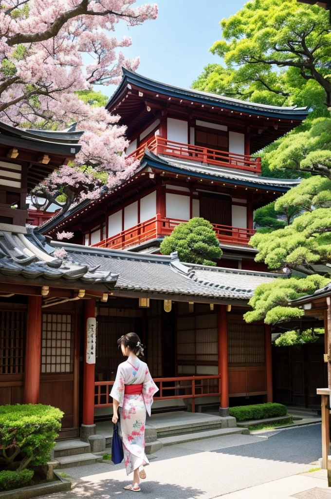 Japanese fantasy、Alluring、Beautiful Nature、City、Japanese style architecture、bustling street、summer、beautiful girl、yukata、Different world、Beautiful Landscape、dynamic、