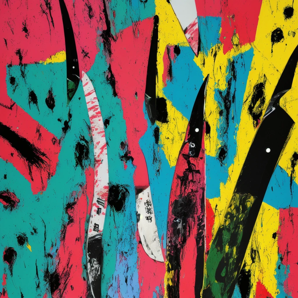 One knife, single knife, long blade knife, abstract pop art, pop art colors, horror vibes, satire, highly detailed, 8k, macro shot, nothing else but knife