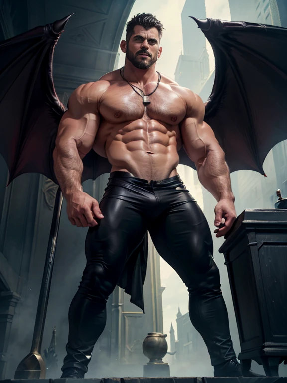 （（（Vampires！devil！Red eye！black lips tooth！big black angel wings！Gothic）））,perfect composition,！））, （（Unintentionally exposing chest muscles.））elegant male, elegant chad chin, elegant and attractive, elegant and elegant, elegant man, attractive male, masculine and elegant, , elegant, posing attractive, Attractive man, Attractive man,30 year old man！Raise your little head，Chimney（first portrait！)）showing off his hairy pecsshowing hairy chest muscles），），(short mustache）Show hairy and muscular eyes.，）Head space！Charming and serious look.，（elegant男人，Dressed in a shameful posture，Perfect body anatomy，Beautiful man face detail，perfect foot，perfect hand！Ultra low angle shot！An image of an anime character with a necklace., muscular man, realistic muscles, human representation style, Gothic, anime core, meritocracy, the romantic academy, garbage, anime core, Aestheticized violence, whole body, dark gym, coloring Waiting to start