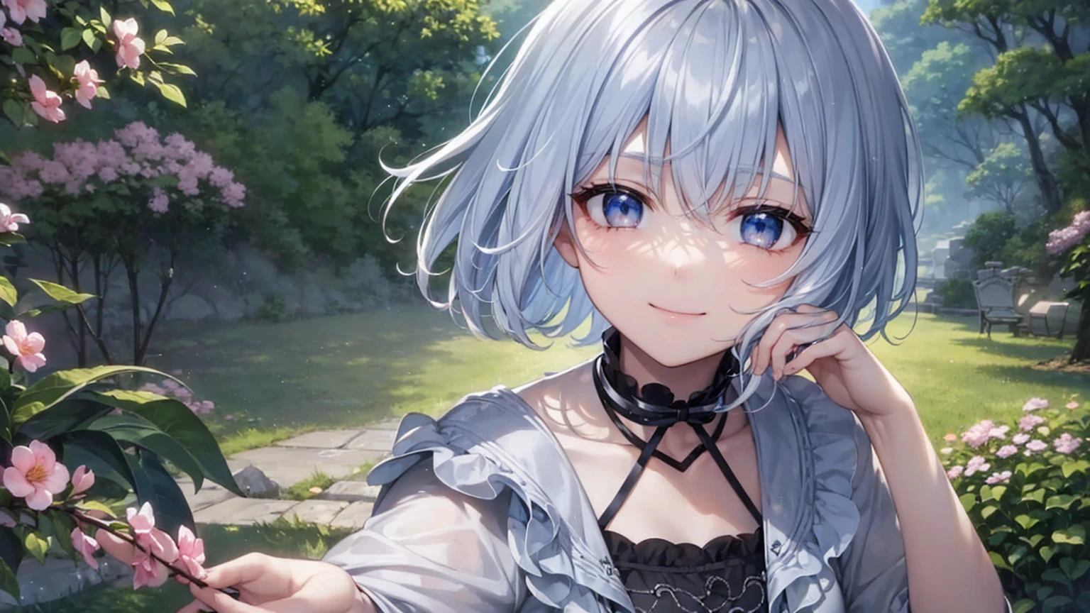 Ultra HD,Look at the viewers, Put your hands behind your back, With a girl, 20-year-old, 非常にShort Hair, Long bangs between the eyes, Pale blue eyes, Very detailed,(masterpiece、Highest quality),Gray Hair、Laughter、Fantastic, Silver Hair, Iris, Short hair、 Fluttering Hair、Small Face、明るいsmile、(Detailed face) ,Professional Lighting,Wonderful landscape,blue sky, sunlight,Looking down from above,Portraiture、Open your mouth、Flower Field、Her eyes were shining、Mysterious and enchanting atmosphere。With AI Painting、とてもShort Hair, Long bangs between the eyes, Very detailed,(masterpiece、Highest quality)、alone、Gray Hair、Fantasy, Silver Hair, Fantasyな風景、smile、Open your mouth、short hair、Short Hair、hairpin、black eye、Grey Eyes、Beautiful Eyes、Black Shirt、White hoodie