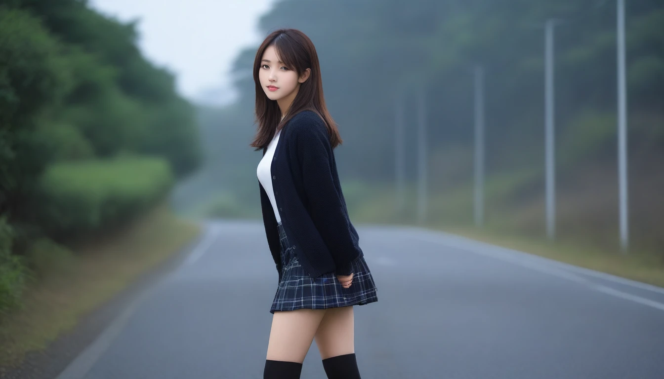 8K, Ultra-high resolution, Highest quality, masterpiece, 三分割法によるphotograph,Surreal, photograph, 1 Girl, (:1.3), pretty girl, Cute face, Beautiful eyes in every detail, 細かくdetailedに,masterpiece,One Girl:1.2, Japan Female Announcer,whole body,from below,Fearful expression,Black Hair,Messy hair,Cyber city of the near future,Wearing a cardigan sweater on your back、A girl alone in the middle of the road, Tartan check pencil skirt, White knee-high socks and black shoes,Beautiful leg line beauty,Realistic Skin, Perfect and beautiful face ,完璧でCute face, Skin with attention to detail, Perfect limbs、Narrow waist、Thin legs),Looking at the audience、beauty,Long neck、(((Ideal body type))),A cup small breasts :2,Portraiture:2,Perfect Anatomy,鮮明なdetailed,detailed,Surreal,Light and shadow,darkness