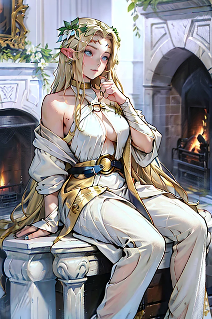 woman with defined facial features, long curly hair, pale gold color,blue eyes, wearing a medieval nobility dress,sitting on a leather sofa, holding a bird with one hand,oil painting, framed picture, Wooden frame, above a fireplace, vases with white flowers