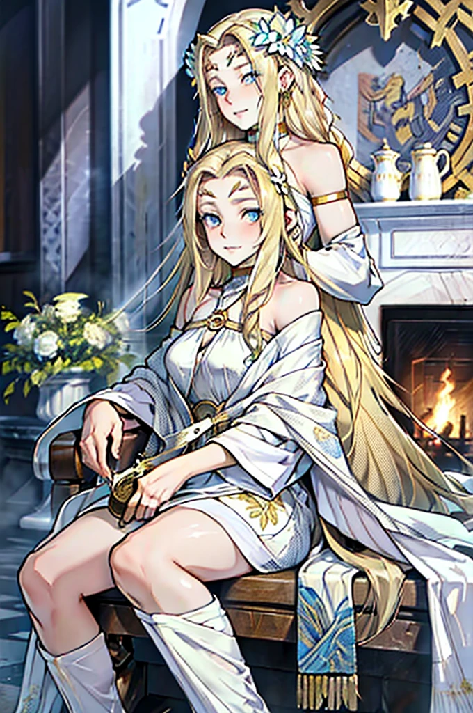 woman with defined facial features, long curly hair, pale gold color,blue eyes, wearing a medieval nobility dress,sitting on a leather sofa, holding a bird with one hand,oil painting, framed picture, Wooden frame, above a fireplace, vases with white flowers