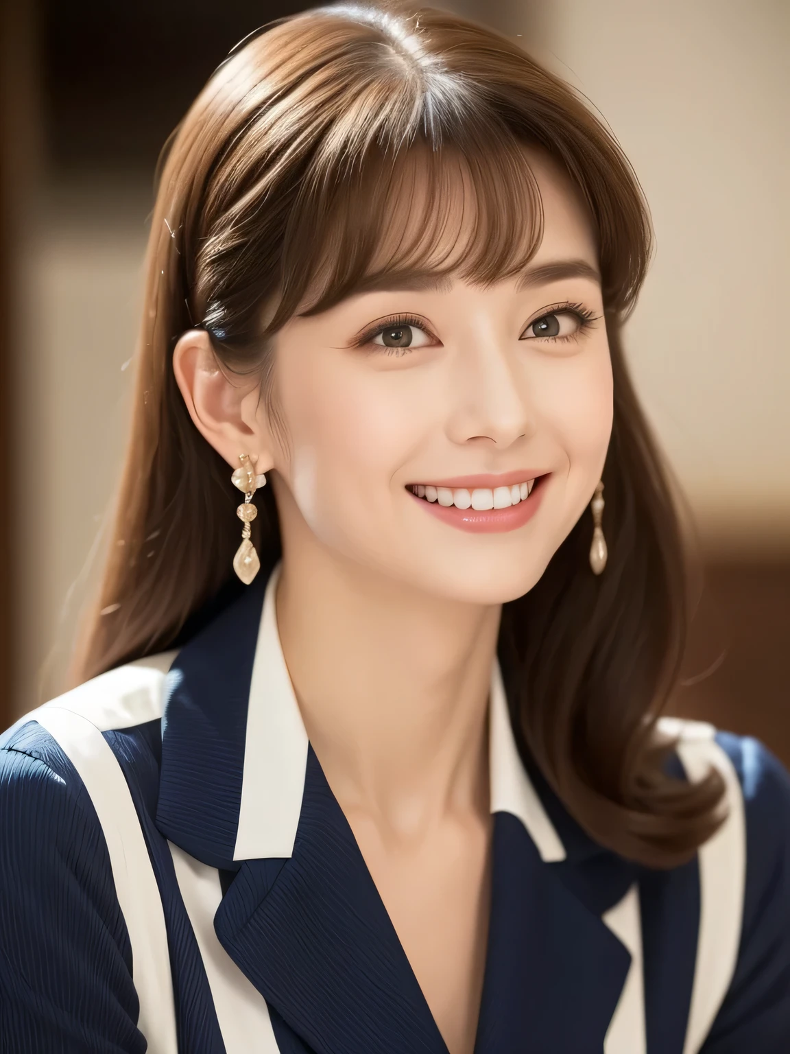 Show me a woman who will surprise everyone.、Women like Audrey Hepburn、Looks like Grace Kelly、Eat a parfait at a cafe、（Antique cafe with a retro atmosphere）、（Enjoy a delicious fruit parfait.）、It suits her perfectly.、Tight fitting orange striped one piece suit、The collar should be a little more open、Looking up from the waist、Semi-long hair、Hair is straight、Has a very happy face、Staring straight ahead with a bright smile、Arms crossed、lips slightly pointed.、Bangs slightly messed up by the wind、Looking up from below、Soft Backlight、Earrings、