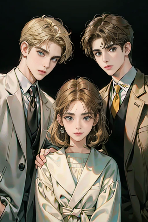 Friends, 3 boys, 1 girl, brothers, different hair color, short dark hair and brown eyes, short blonde hair and green eyes, short brown hair and brown eyes, side by side, suit, smile, white clothe, 25 years old