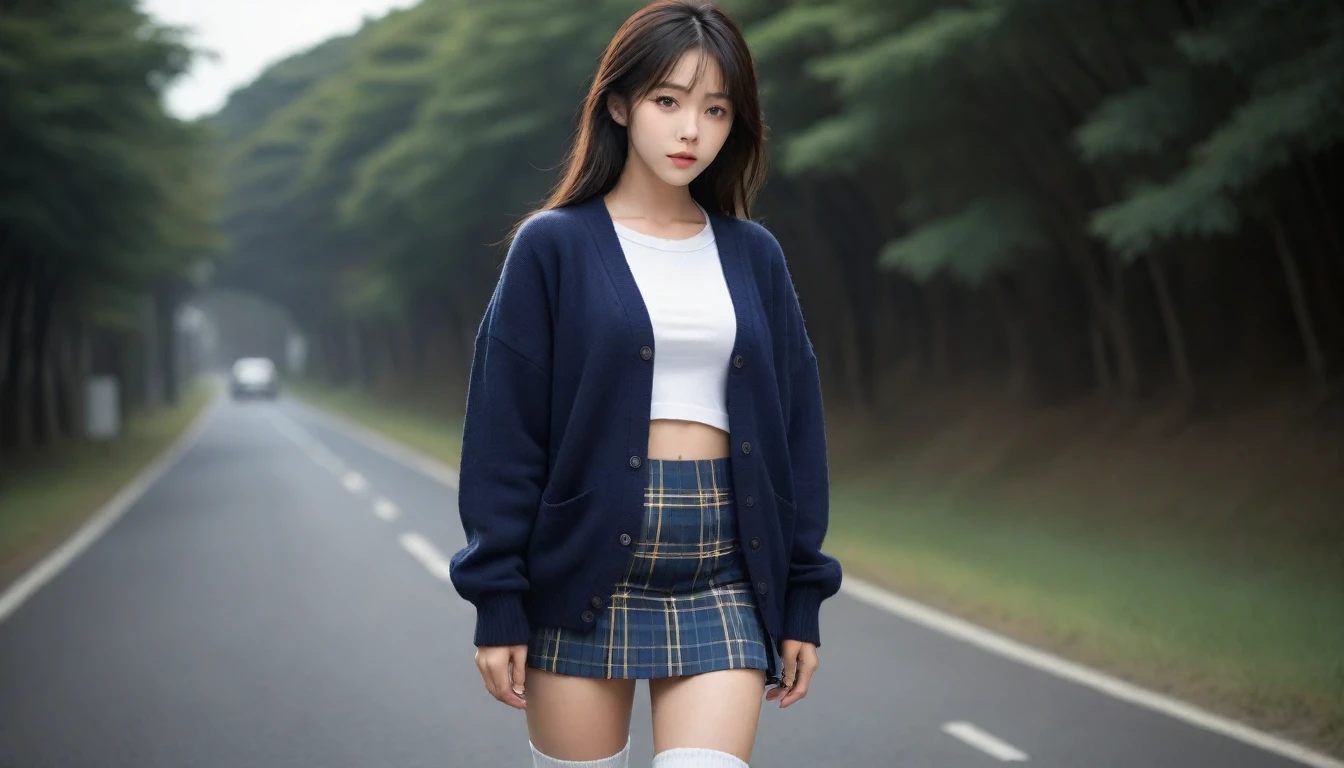 8K, Ultra-high resolution, Highest quality, masterpiece, 三分割法によるphotograph,Surreal, photograph, 1 Girl, (16 years old:1.3), pretty girl, Cute face, Beautiful eyes in every detail, 細かくdetailedに,masterpiece,One Girl:1.2, Japan Female Announcer,whole body,from below,Fearful expression,Black Hair,Messy hair,Cyber city of the near future,Wearing a cardigan sweater on your back、A girl alone in the middle of the road, Tartan check pencil skirt, White knee-high socks and black shoes,Beautiful leg line beauty,Realistic Skin, Perfect and beautiful face ,完璧でCute face, Skin with attention to detail, Perfect limbs、Narrow waist、Thin legs),Looking at the audience、beauty,Long neck、(((Ideal body type))),A cup small breasts :2,Portraiture:2,Perfect Anatomy,鮮明なdetailed,detailed,Surreal,Light and shadow,darkness