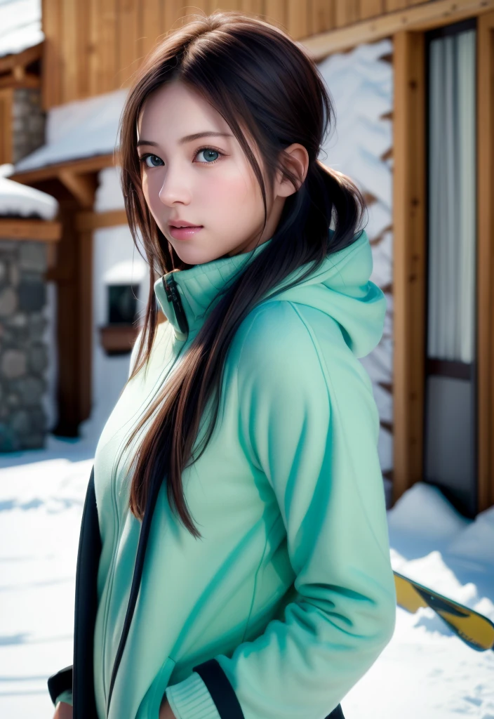 8K, of the highest quality, masutepiece:1.2), (Realistic, Photorealsitic:1.37), of the highest quality, masutepiece, Beautiful young woman, Pensive expression,、A charming、and an inviting look, skiing、snowboarder、Ski Wear, Hair tied back, Cinematic background, Light skin tone、Ski Resort Background