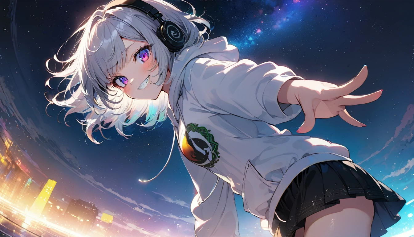 ((Masterpiece)), ((best quality)), (Anime:1.3), (super detail:1.2), (High Definition:1.3), (Professional Photography:1.3), A cute young Girl, Glossy unruly hair, (loose swept bangs), (silver ash hair), medium hair, big eyes, (Eye bags:1.3), (Long eyelashes), colorful eyes, (evil smile and blush), Glossy lips, (jagged teeth), farewell, ((white hoodie with oversized)), barearms, cute, (colorful:1.3), gothic makeup, (wearing headphone), black mini skirt, wind, beautiful, dancing, pretty, Celtic, maniac, upper body, starry night, (dutch angle:1.3), (from side:1.3),