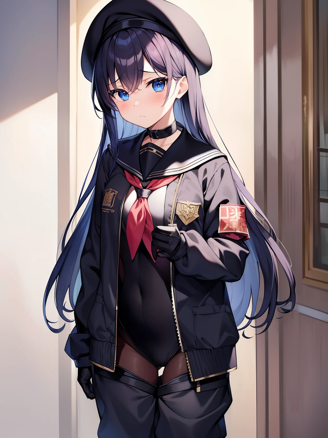 masterpiece、highest quality、1 girl、solo、Una、neckerchief、Serafuku、leotard、Jacket、beret、gloves、pants、open clothes、Tactical clothing、shirt、black hat、指なしgloves、disgust、I furrowed my brow.、I'm looking down、look at viewer、put one&#39;s hand in one&#39;s pocket