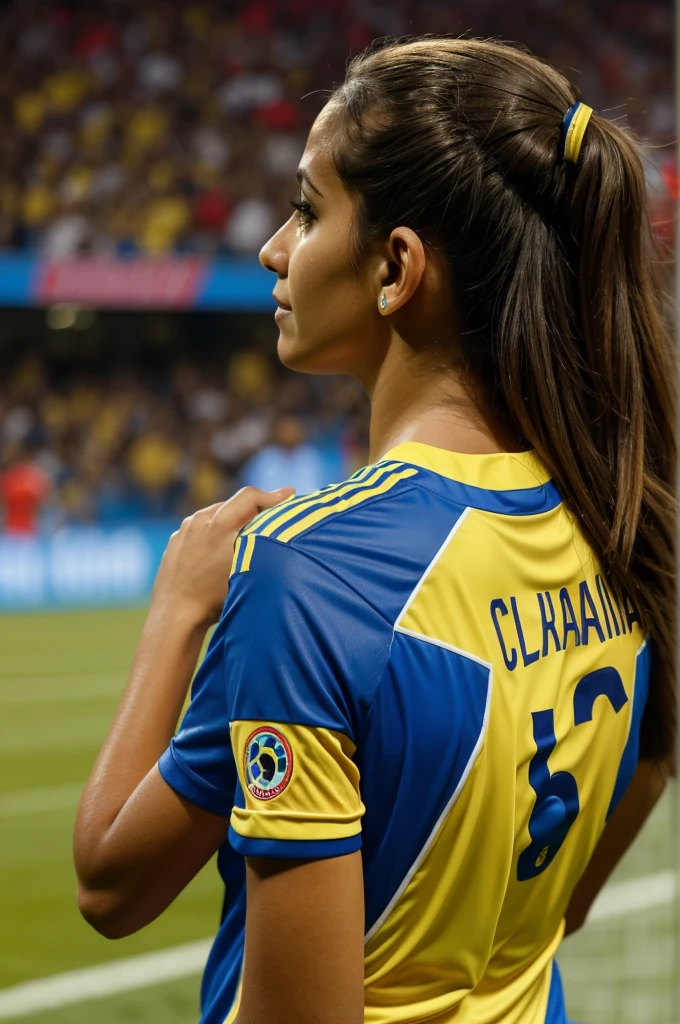 Lady from behind with the Colombia shirt with the name Sonia and the number 6 and who is watching the soccer game 