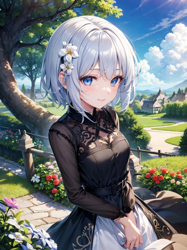 Ultra HD,Look at the viewers, Put your hands behind your back, With a girl, 20-year-old, 非常にShort Hair, Long bangs between the eyes, Pale blue eyes, Very detailed,(masterpiece、Highest quality),Gray Hair、Laughter、Fantastic, Silver Hair, Iris, Short hair、 Fluttering Hair、Small Face、明るいsmile、(Detailed face) ,Professional Lighting,Wonderful landscape,blue sky, sunlight,Looking down from above,Portraiture、Open your mouth、Flower Field、Her eyes were shining、Mysterious and enchanting atmosphere。With AI Painting、とてもShort Hair, Long bangs between the eyes, Very detailed,(masterpiece、Highest quality)、alone、Gray Hair、Fantasy, Silver Hair, Fantasyな風景、smile、Open your mouth、short hair、Short Hair、hairpin、black eye、Grey Eyes、Beautiful Eyes、Black Shirt、White hoodie