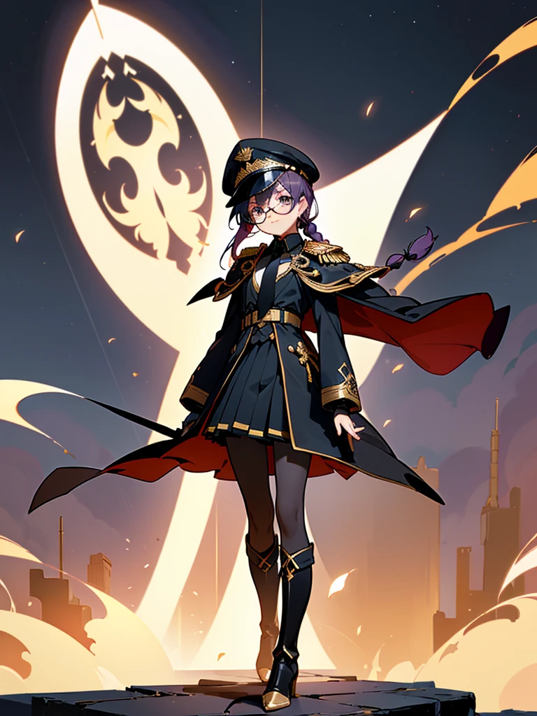realisitic, City Deserted, Pile of rubble, Brick building, a one woman (18 years old, far away blackw hair, far away slits, Eyes red, glare eyes, 精致的面容, standing (In floor, feet shoulder-width apart), Lolita style military uniform (blackw base, blue Insert, golden decoration, volantes, wide sleeves, dainty and delicate detailing armors), blackw far away gloves (blackw, blue Insert, golden decoration, small hands, armors), blackw far away gloves, knee high boots (blackw, high-heels, red soles), ha (blackw, aba dourada, shield emblem, delicate details), arms in front, Front of belly, Holding military swords with both hands (blackw, golden decoration, delicate detail, Handle at the top, Ground-facing blade, in front of the body, far away), night sky (blackw, stele, Increased flames and smoke) Pale painting style, One Girl, super high quality, Super Detail, Super Detailed image, long hair, looking at viewer, skirt, shirt, hair ornament, violet eyes, gloves, round glasses, long sleeves, hat, closed mouth, jacket, violet hair, braid, open clothes, necktie, black gloves, black skirt, uniform, single braid, open jacket, black jacket, black headwear, 手链, peaked cap, black necktie, cropped jacket, military hat, pantyhose, Flat Chest, smile, Black Cape