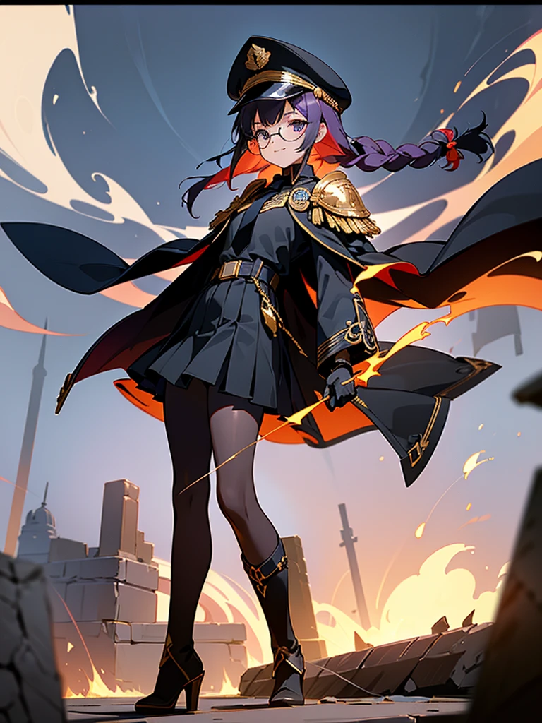 realisitic, City Deserted, Pile of rubble, Brick building, a one woman (18 years old, far away blackw hair, far away slits, Eyes red, glare eyes, 精致的面容, standing (In floor, feet shoulder-width apart), ta style military uniform (blackw base, blue Insert, golden decoration, volantes, wide sleeves, dainty and delicate detailing armors), blackw far away gloves (blackw, blue Insert, golden decoration, small hands, armors), blackw far away gloves, knee high boots (blackw, high-heels, red soles), ha (blackw, aba dourada, shield emblem, delicate details), arms in front, Front of belly, Holding military swords with both hands (blackw, golden decoration, delicate detail, Handle at the top, Ground-facing blade, in front of the body, far away), night sky (blackw, stele, Increased flames and smoke) Pale painting style, One Girl, super high quality, Super Detail, Super Detailed image, long hair, looking at viewer, skirt, shirt, hair ornament, violet eyes, gloves, round glasses, long sleeves, hat, closed mouth, jacket, violet hair, braid, open clothes, necktie, black gloves, black skirt, uniform, single braid, open jacket, black jacket, black headwear, 手链, peaked cap, black necktie, cropped jacket, military hat, pantyhose, Flat Chest, smile, Black Cape