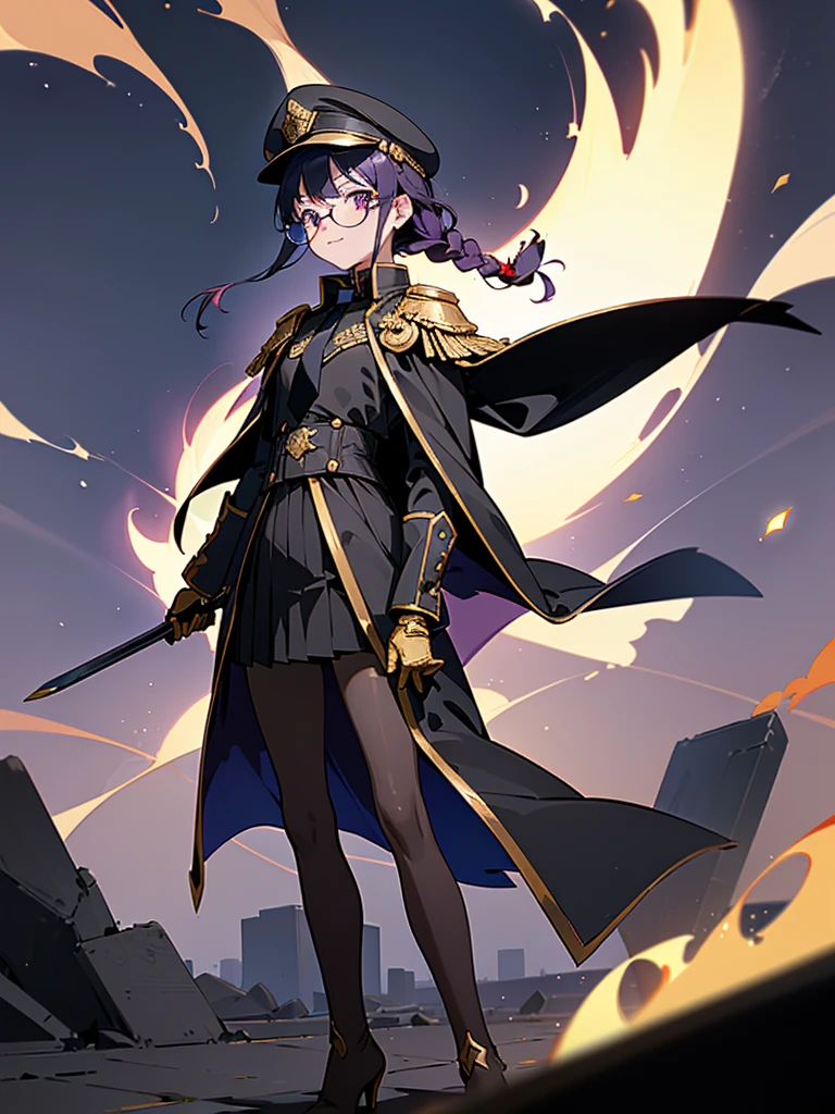 realisitic, City Deserted, Pile of rubble, Brick building, a one woman (18 years old, far away blackw hair, far away slits, Eyes red, glare eyes, 精致的面容, standing (In floor, feet shoulder-width apart), ta style military uniform (blackw base, blue Insert, golden decoration, volantes, wide sleeves, dainty and delicate detailing armors), blackw far away gloves (blackw, blue Insert, golden decoration, small hands, armors), blackw far away gloves, knee high boots (blackw, high-heels, red soles), ha (blackw, aba dourada, shield emblem, delicate details), arms in front, Front of belly, Holding military swords with both hands (blackw, golden decoration, delicate detail, Handle at the top, Ground-facing blade, in front of the body, far away), night sky (blackw, stele, Increased flames and smoke) Pale painting style, One Girl, super high quality, Super Detail, Super Detailed image, long hair, looking at viewer, skirt, shirt, hair ornament, violet eyes, gloves, round glasses, long sleeves, hat, closed mouth, jacket, violet hair, braid, open clothes, necktie, black gloves, black skirt, uniform, single braid, open jacket, black jacket, black headwear, 手链, peaked cap, black necktie, cropped jacket, military hat, pantyhose, Flat Chest, smile, Black Cape