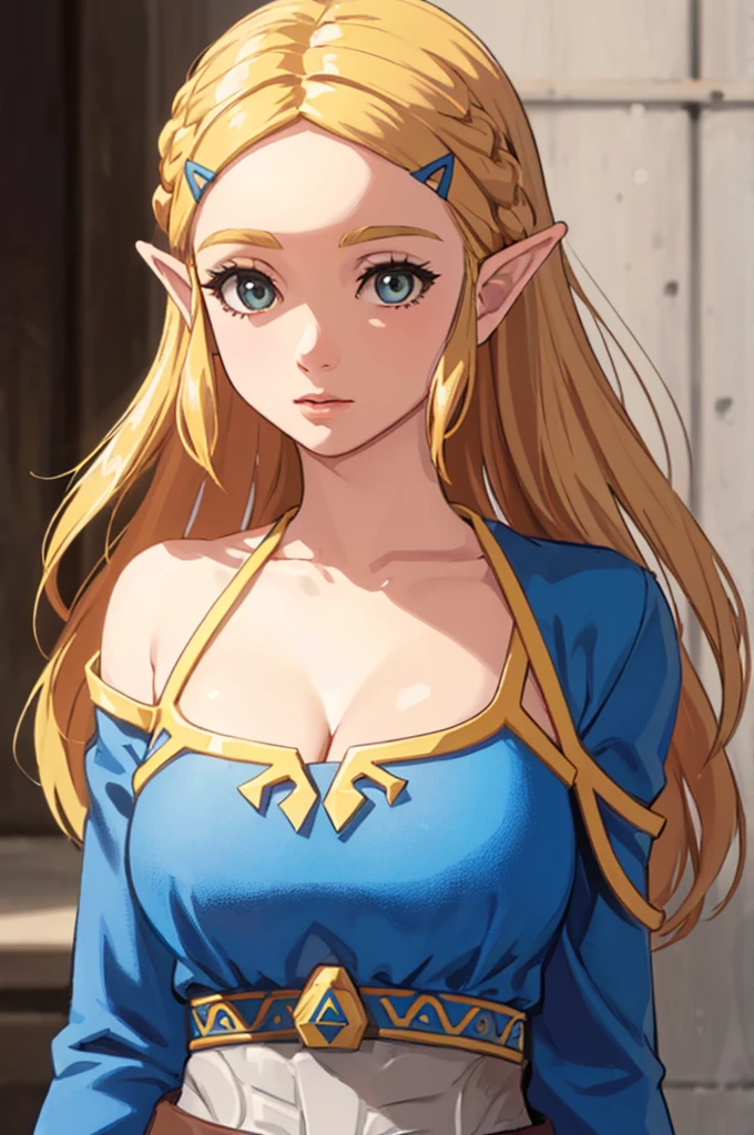 The Legend of Zelda Costume，cleavage，Off the shoulder dress，blond，Upper body close-up
(best quality, masterpiece, original photo,Super detailed:1.2), 1 girl,alone,looking at the audience,  