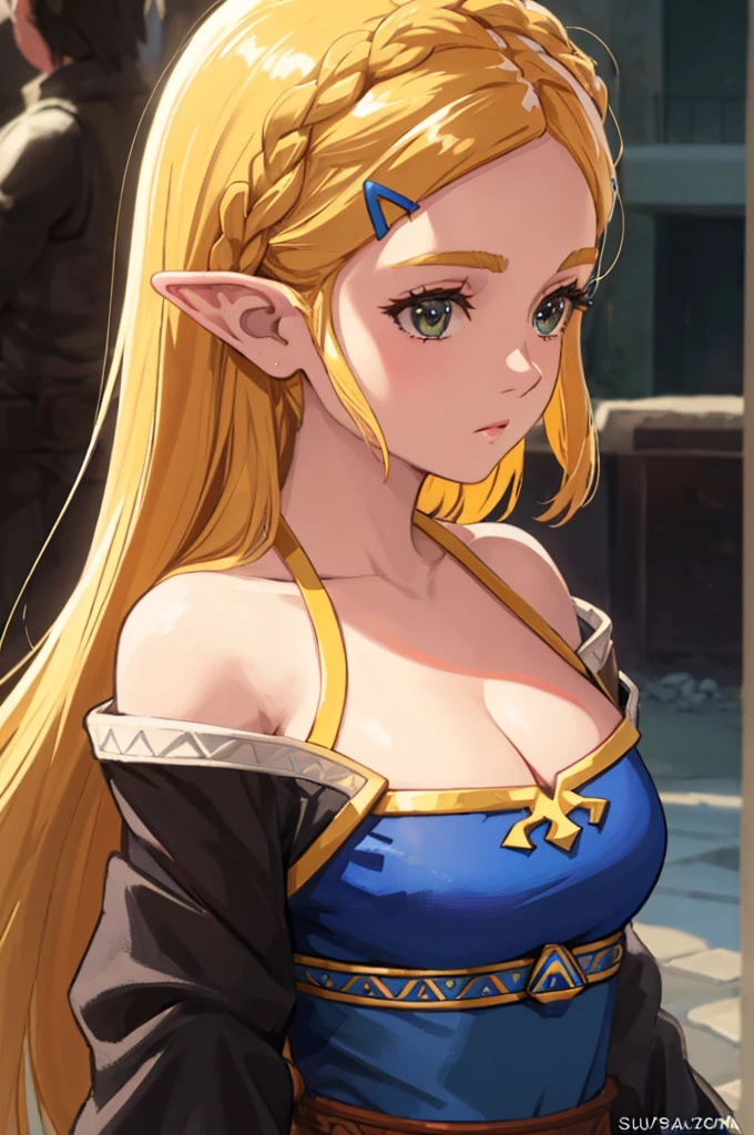 The Legend of Zelda Costume，cleavage，Off the shoulder dress，blond，Upper body close-up
(best quality, masterpiece, original photo,Super detailed:1.2), 1 girl,alone,looking at the audience,  