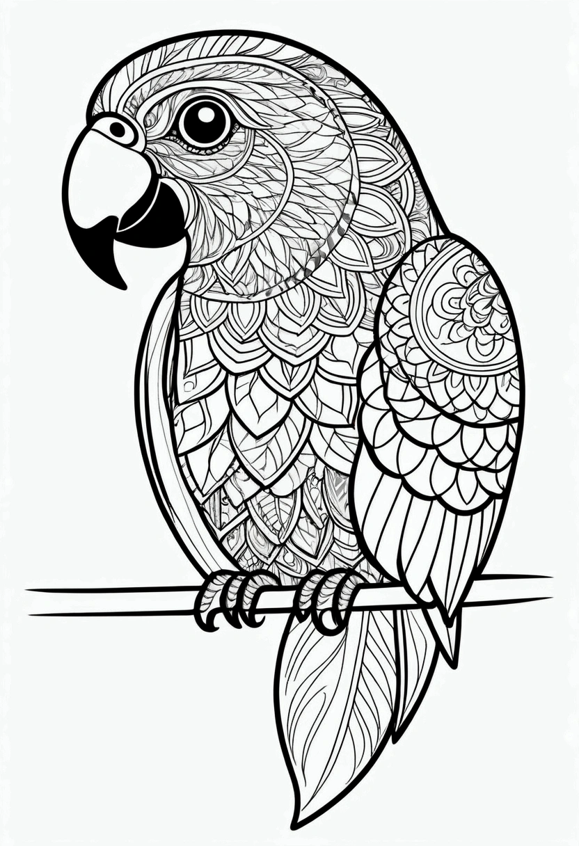 sticker, happy white and black fish, Simplified Mandala style, outline, vector, white background
happy white and black parrot, Simplified Mandala style, outline, vector, white background