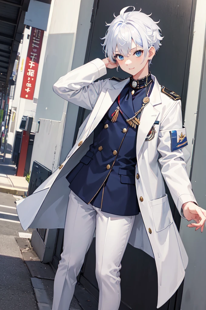 masterpiece, top quality, best quality, official art, beautiful and aesthetic:1.2), (8k, best quality, masterpiece:1.2), (((masterpiece))), (((best quality))), (((extremely detailed))), illustration, who, (masterpiece, top quality, best quality, official art, beautiful and aesthetic:1.2), (8k, best quality, masterpiece:1.2), classroom, standing, detailed eyes, blue eyes, white , (((white jacket))), white vest, (((marine jacket with small medals))), necktie, well dressed, anime trap, tomboy, rat tail, (((white dress pants))), white and blue hair, frizzy hair, short hair, smile, full body, classroom, confident, silly, 5’8, tone body